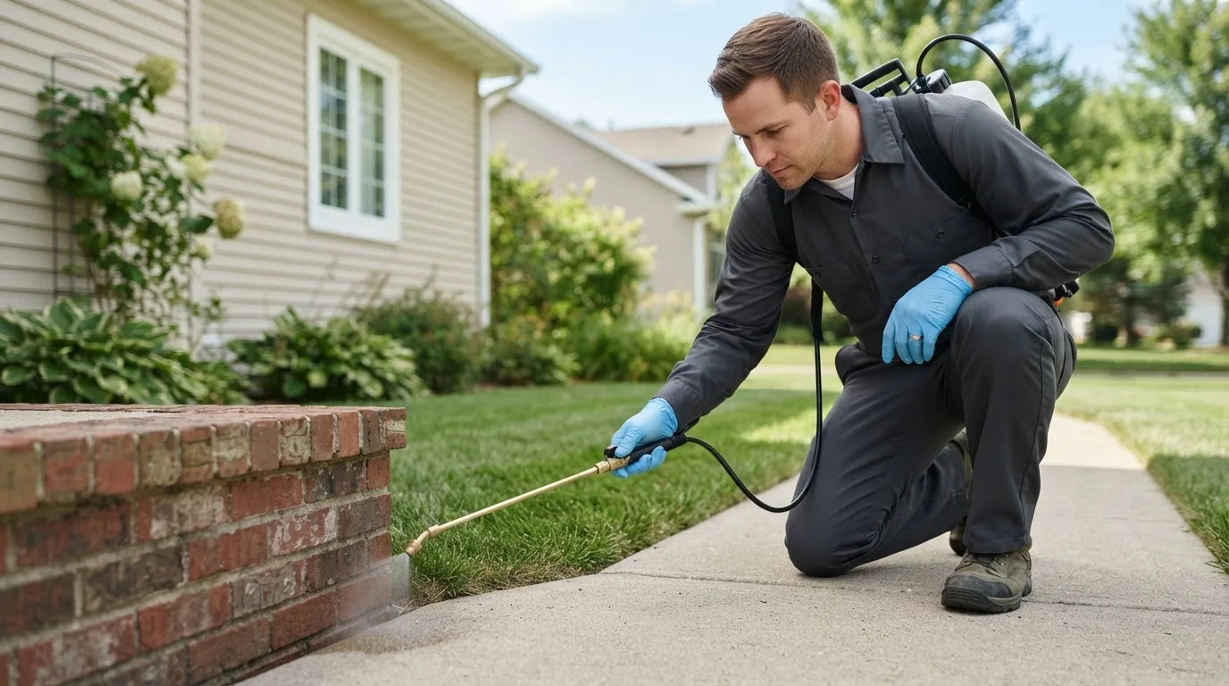 Pest control technician treating a home near Lyndeborough, NH